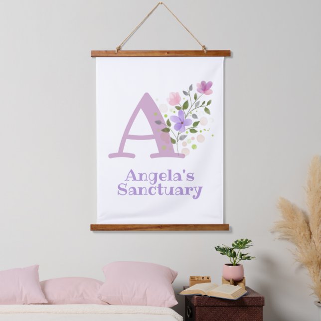Letter A plus First Name with a Floral Design Hanging Tapestry (Bedroom)