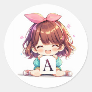 Letter A Smile Cute Anime Girl Classic Round Sticker