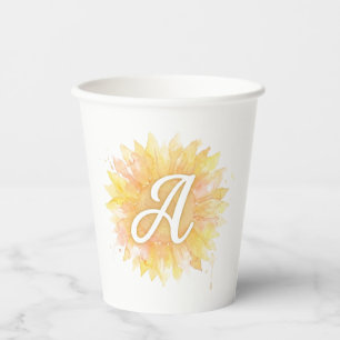 Letter A Sunflower First Name Monogram Initial Paper Cups