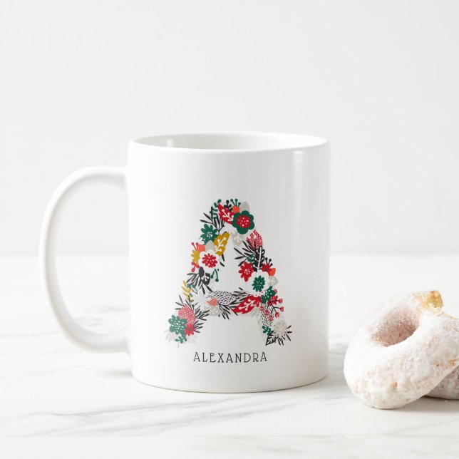 Letter A | Whimsical Floral Letter Monogram I Mug (With Donut)