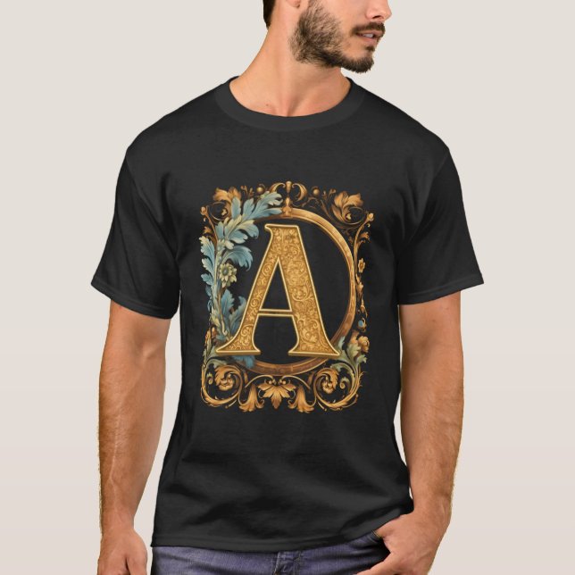 Letter A With Scrolling And Blue Floral Edge T-Shirt (Front)