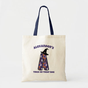Letter A with Witch Hat and Name   Trick or Treat Tote Bag