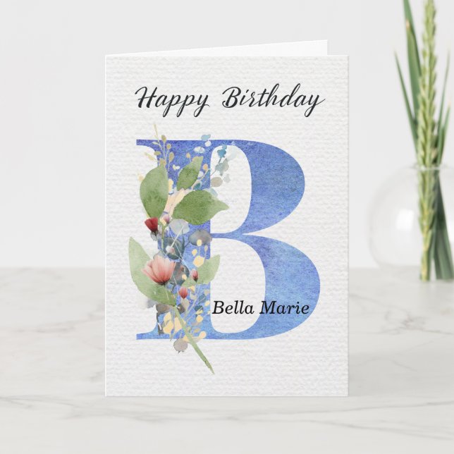 Letter B Birthday Custom Name Her Blue Monogram Card (Front)