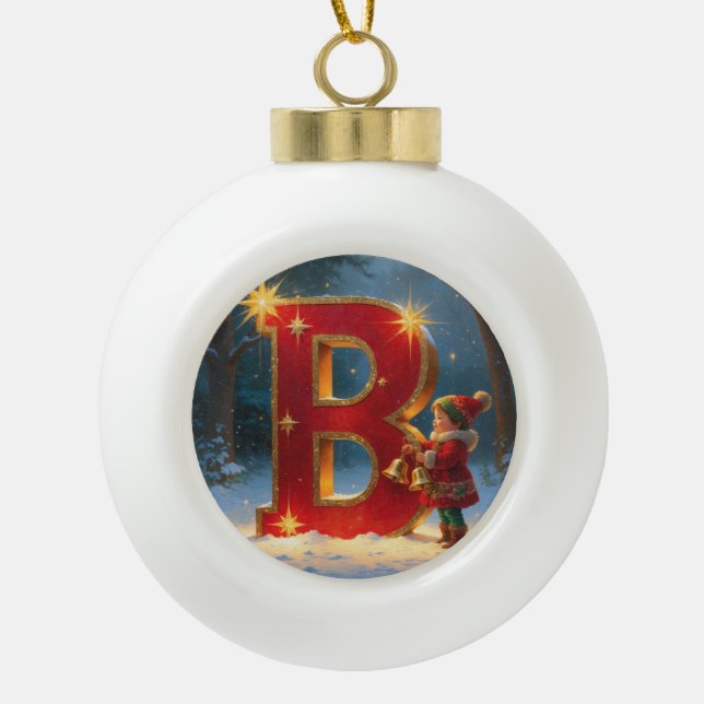 Letter B Christmas Bell Personalized Initial Ceramic Ball Christmas Ornament (Front)