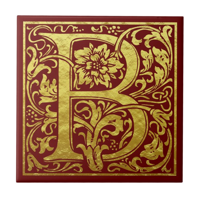 Letter B First Letter Faux Gold Red Tile (Front)