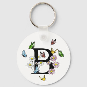 Letter B Floral Butterfly Monogram Initial   Key Ring