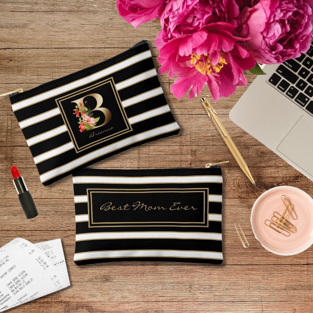Letter B Floral Monogram Black White Gold Stripes Accessory Pouch (Creator Uploaded)