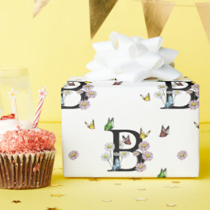 Letter B Floral Watercolor Butterfly Monogram    Wrapping Paper