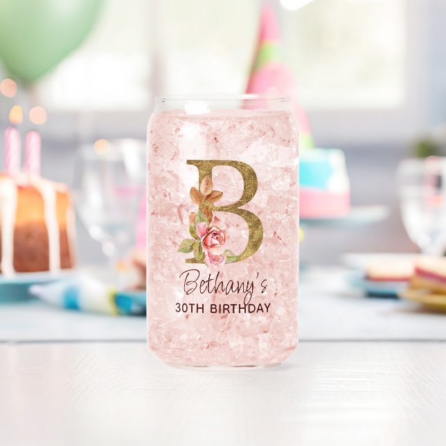 Letter B Gold Monogram Blush Pink Roses Can Glass (Insitu (Birthday))