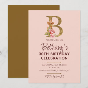 Letter B Gold Monogram Blush Pink Roses Invitation