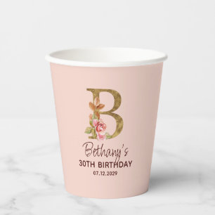 Letter B Gold Monogram Blush Pink Roses Paper Cups