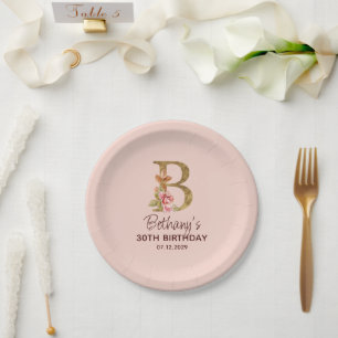 Letter B Gold Monogram Blush Pink Roses Paper Plate