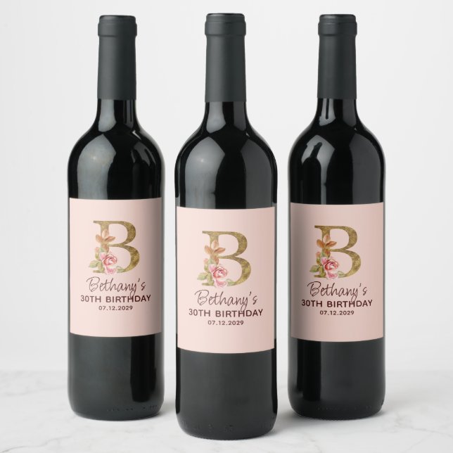 Letter B Gold Monogram Blush Pink Roses Wine Label (Bottles)