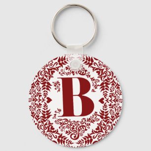 Letter B in Unique Modern Red Heart Floral Border  Key Ring