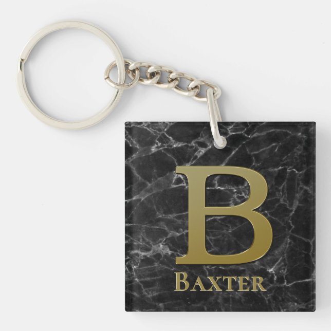 Letter B monogram on black marble Key Ring (Front)
