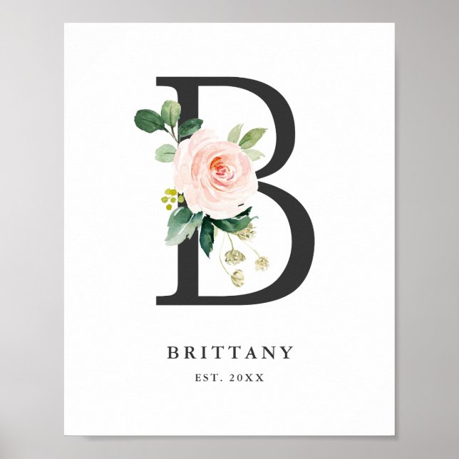 Letter B Monogram Watercolor Peach Florals Nursery Poster (Front)