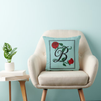 Letter B Monogram with Red Roses Turquoise Cushion