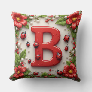 🐞 Letter B Red Ladybugs Poppies Pearls Cushion