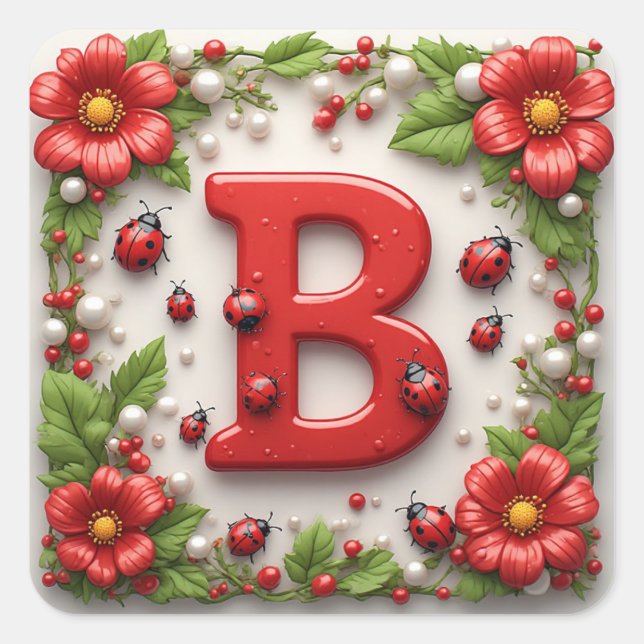 🐞 Letter B Red Ladybugs Poppies Pearls Square Sticker (Front)