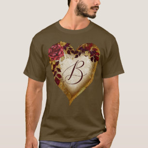 Letter B Vintage Red rose and Golden leaves Heart  T-Shirt