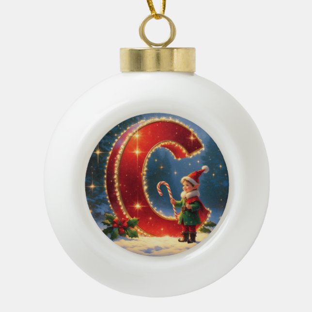 Letter C Christmas Candy Cane Personalized Initial Ceramic Ball Christmas Ornament (Front)