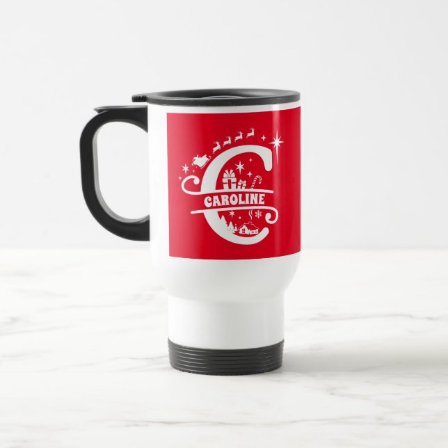 Letter C Christmas Monogram Initial Name Red    Travel Mug (Left)