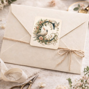 Letter C Cockatoo Elegant Floral Vine  Square Sticker