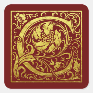 Letter C First Letter Faux Gold Red Square Sticker