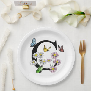 Letter C Floral Butterfly Monogram Initial Paper Plate