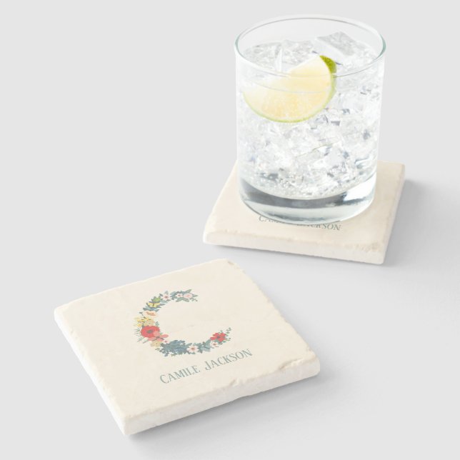 Letter C Floral Garden Monogram Personalise  Stone Coaster (Side)
