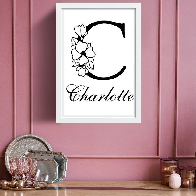 Letter C Floral Modern Black Monogram Nursery Poster (Creator Uploaded)