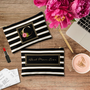 Letter C Floral Monogram Black White Gold Stripes Accessory Pouch