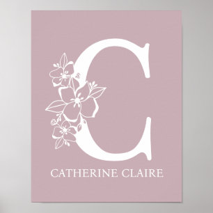 Letter C Floral Monogram Name Nursery Modern Poster