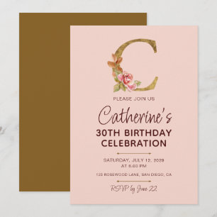 Letter C Gold Monogram Blush Pink Roses Invitation