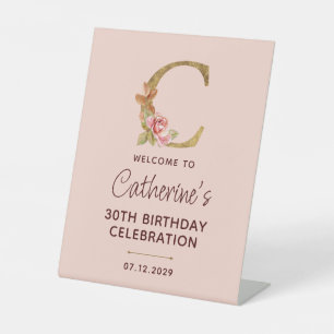 Letter C Gold Monogram Blush Pink Roses Sign