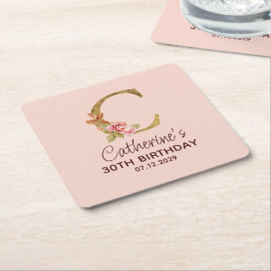 Letter C Gold Monogram Blush Pink Roses Square Paper Coaster