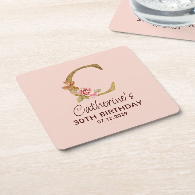Letter C Gold Monogram Blush Pink Roses Square Paper Coaster (Angled)