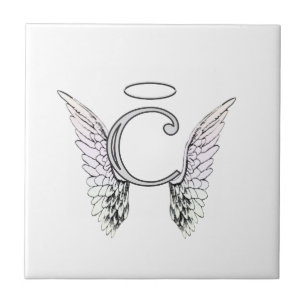 Letter C Initial Monogram with Angel Wings & Halo Tile