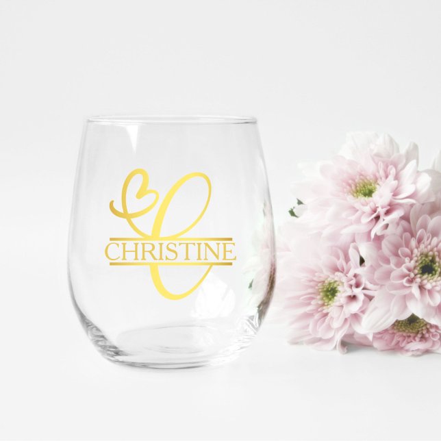 Letter C Monogram Bridesmaid Gift, Modern Elegant Stemless Wine Glass (stemless wine glass for a bridesmaid gift that has a gold split c monogram and customized with name)