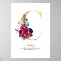 Letter C Monogram Floral Navy Blue and Burgundy