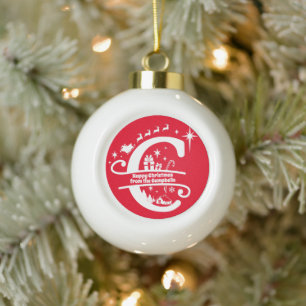 Letter C Monogram Initial Family Name Greeting Ceramic Ball Christmas Ornament