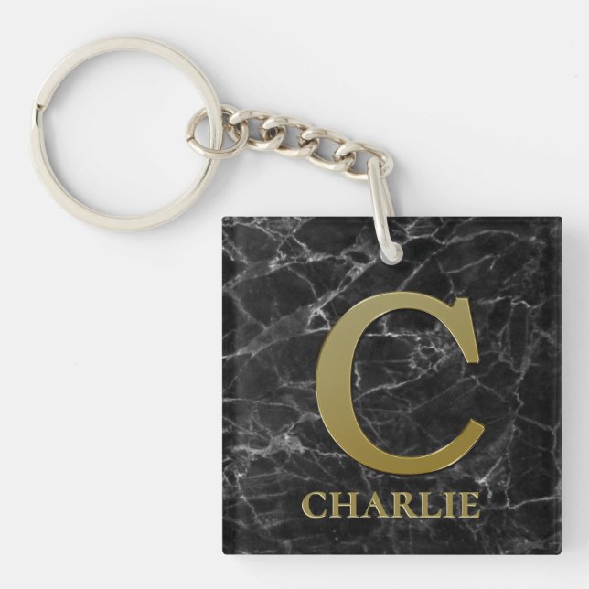 Letter C monogram on black marble Key Ring (Front)
