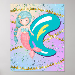 Letter C Monogram Watercolor Cute Mermaid Nursery  Poster