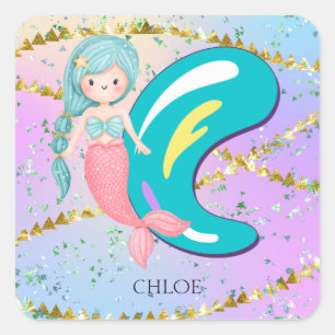 Letter C Monogram Watercolor Cute Mermaid Nursery Square Sticker