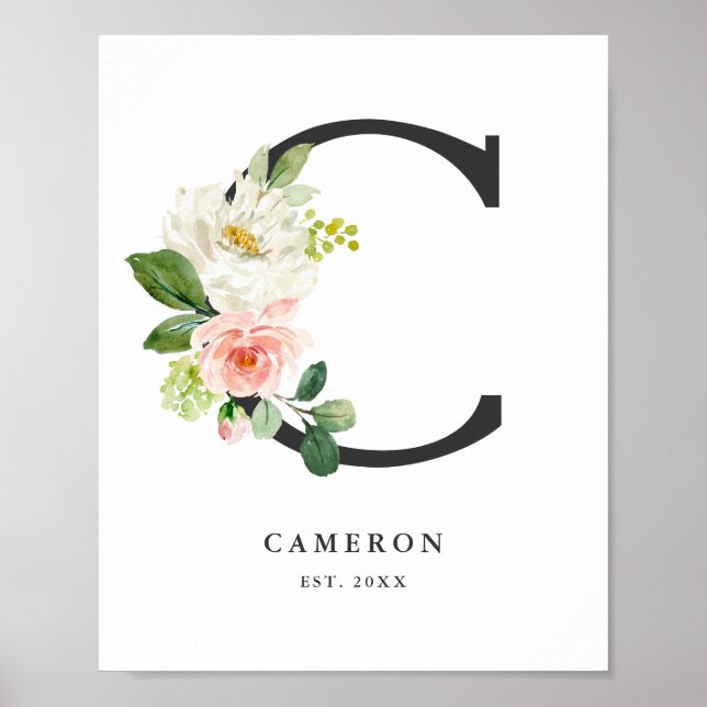 Letter C Monogram Watercolor Peach Florals Nursery Poster (Front)