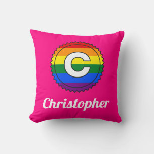 Letter C & Name Gay Pride Rainbow Monogram - Pink Cushion