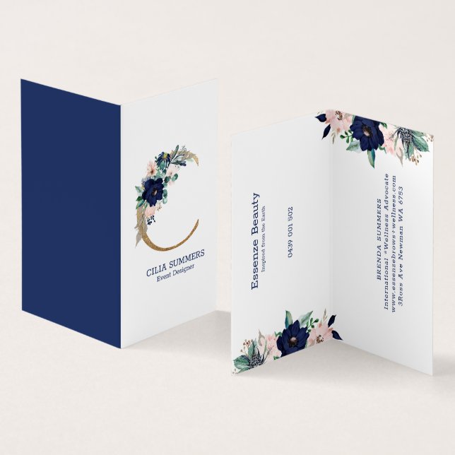 Letter C Navy-Blue & pink marina bloom flowers Bus Business Card (Inside and Outside)