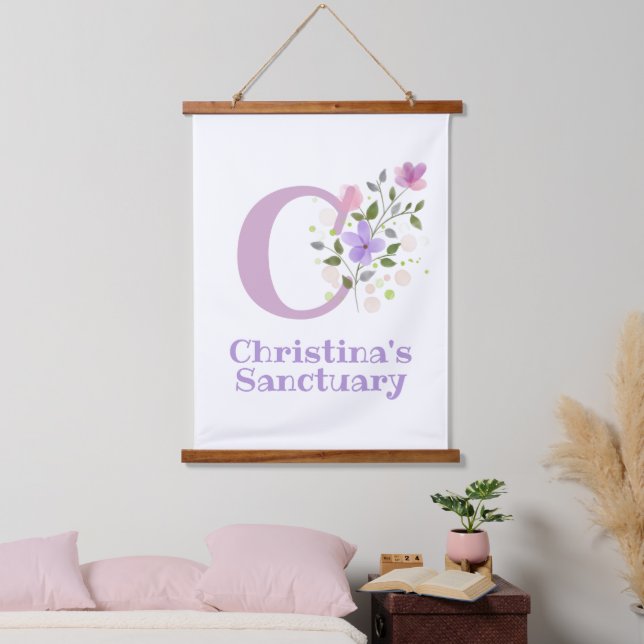 Letter C plus First Name with a Floral Design Hanging Tapestry (Bedroom)