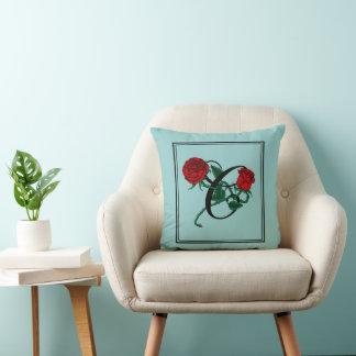 Letter C Script Monogram with Red Roses Turquoise Cushion