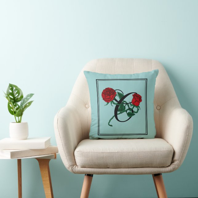 Letter C Script Monogram with Red Roses Turquoise Cushion (Chair)